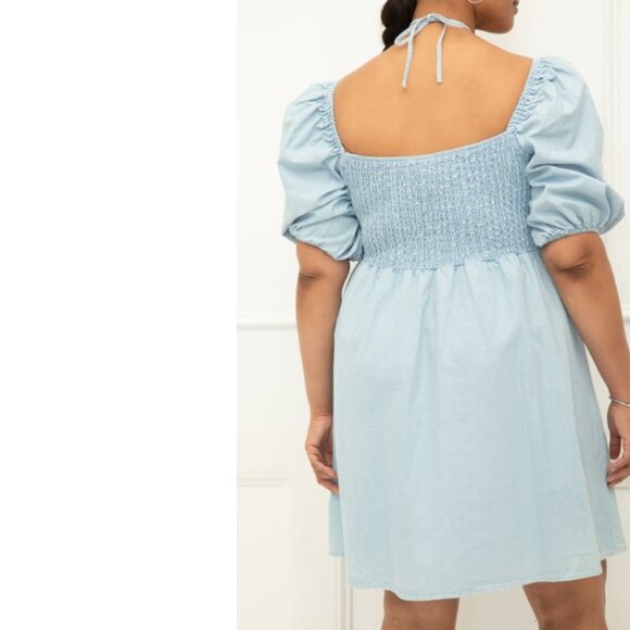 ELOQUII Womens Tie Neck Puff Sleeve Mini Dress Blue Chambray Plus 24 New - Picture 4 of 4